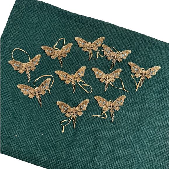 10 Butterfly Metal Christmas Ornaments Filigree Blue Jewels Set of 10 - Picture 3 of 7